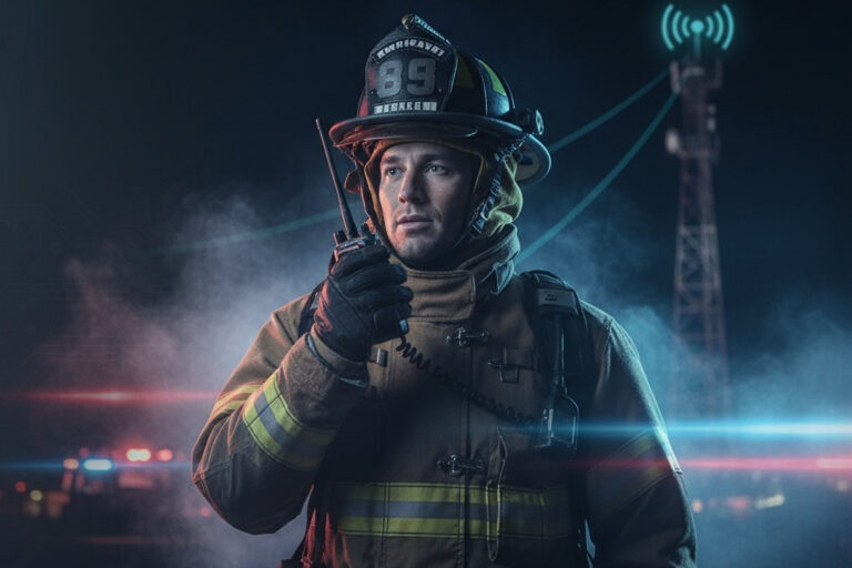 Firefighter communicating with radio device with a radio tower in the background