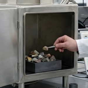 Close up of labwave test chamber with ore minerals.